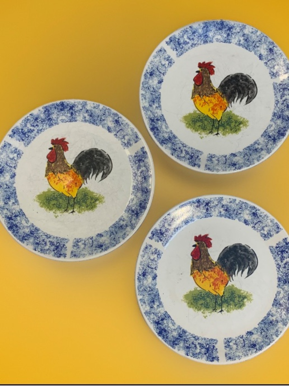 Set of 3 ‘Country Barn’ Rooster 7 3/4 Salad Plates RETIRED Rustic Farmhouse